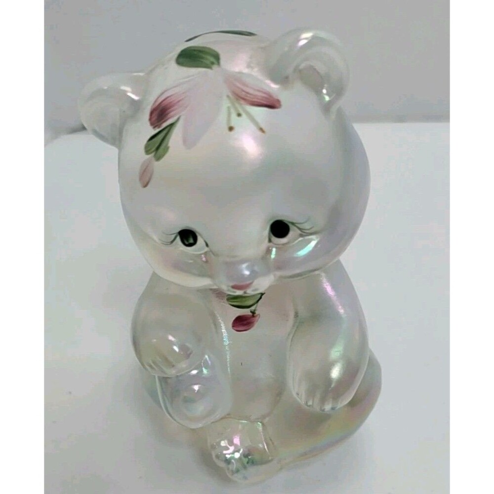 Fenton Art Glass Crystal Bear Figurine with Handpainted Floral Decoration Mint!